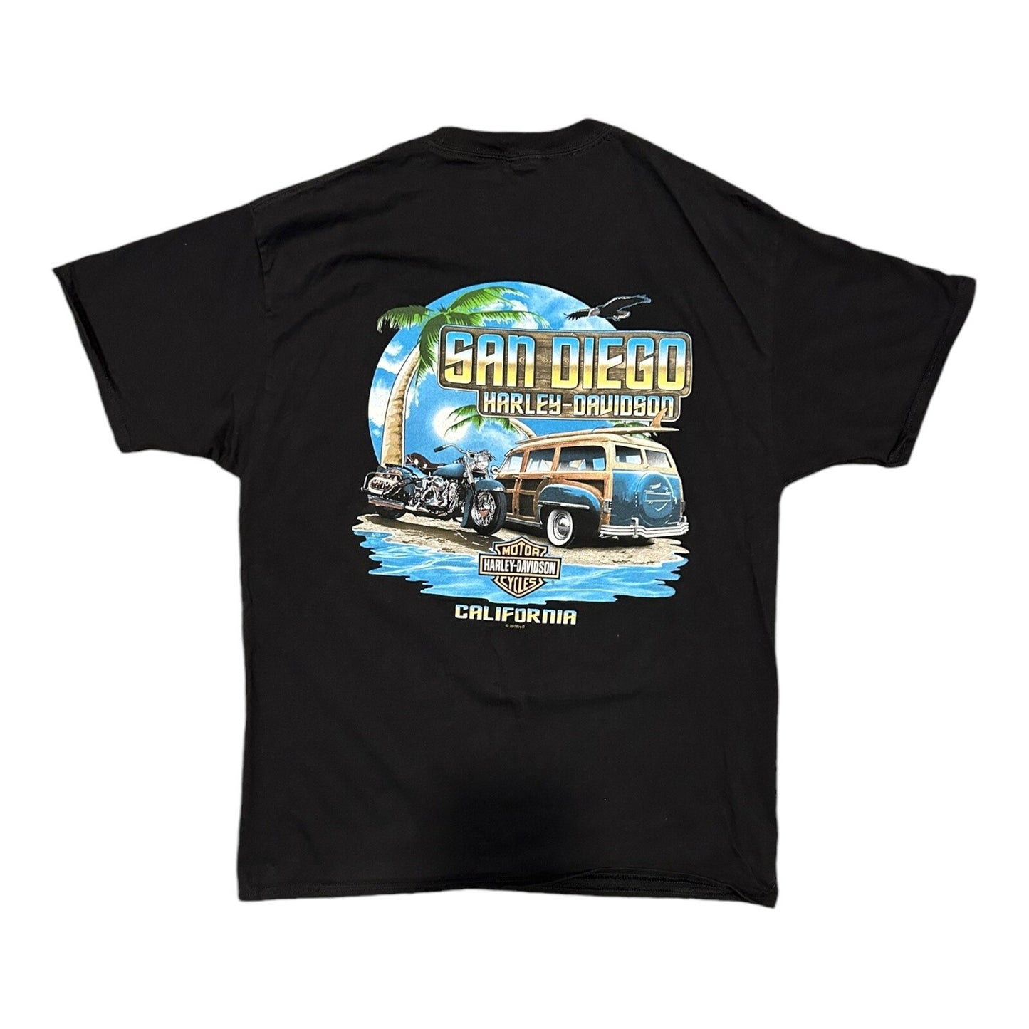 Harley Davidson Black T-Shirt Size Large San Diego Beach Palm Tree