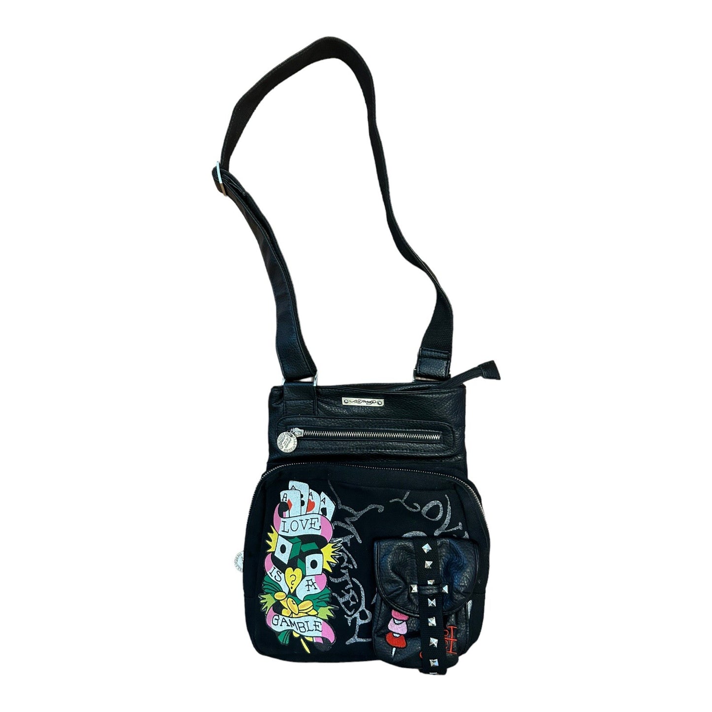 Vintage Ed Hardy Black Leather Crossbody Purse Love Is a Gamble Design